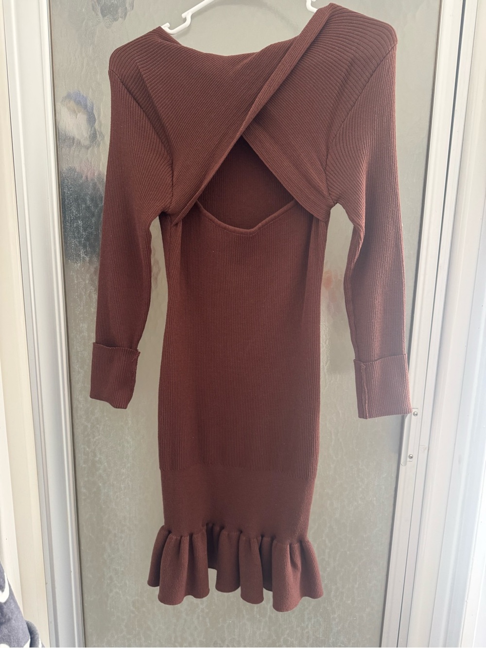 Rib Knit Brown Long Sleeve Cutout Dress with Ruffle Hem